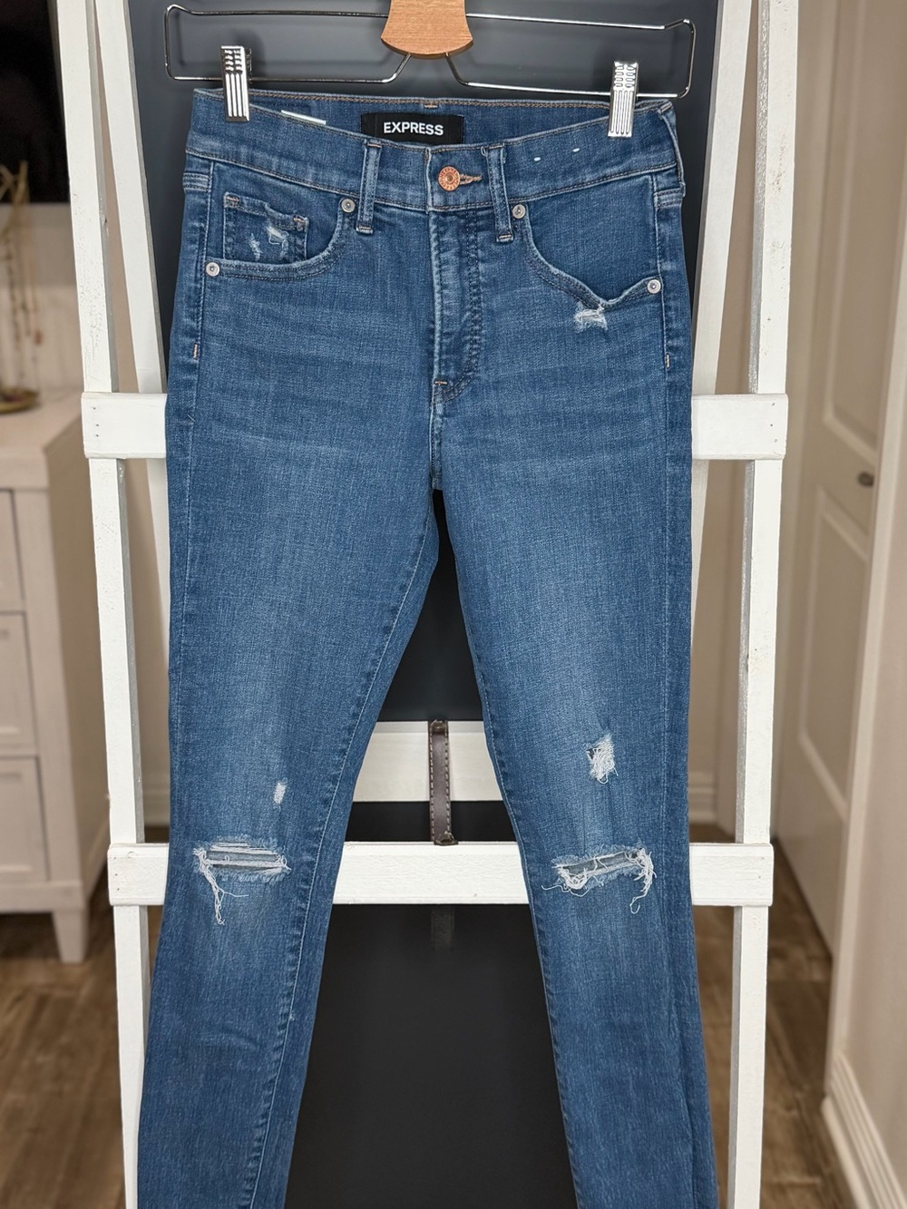 Express Distressed Dark Blue Skinny Jeans